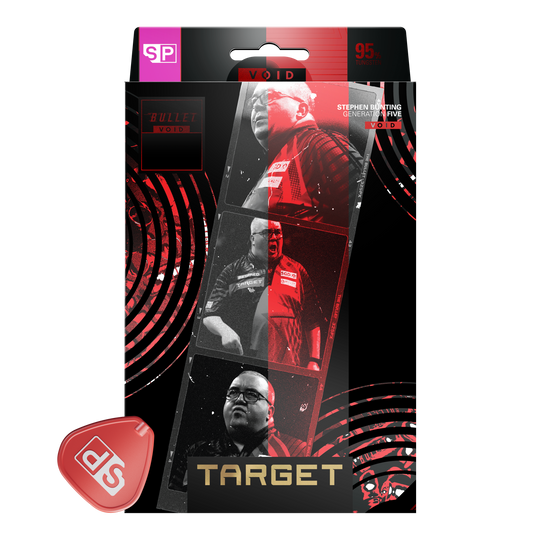 Zu sehen sind die Target Stephen Bunting GEN5 Void Swiss Point Steeldarts. Die Darts überzeugen durch ihr markantes Design und ihre gute Griffigkeit.