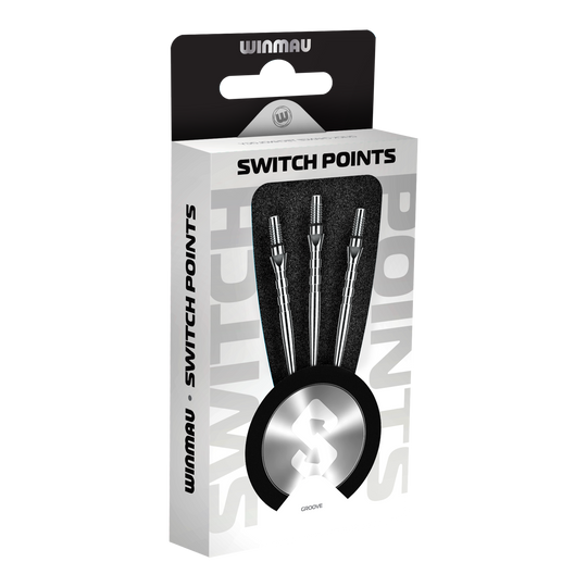 Stalowe groty do lotek Winmau Switch Point Groove – efekt srebrny Das Bild zeigt Winmau Switch Point Groove Steeldartspitzen im Silver Effect. Die Dartspitzen besitzen Rillen und eine silberne Oberfläche.