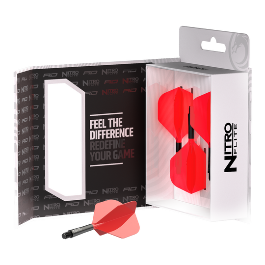 Red Dragon Nitroflite - Black Shaft Red No2 Lotki Zu sehen ist Red Dragon Nitroflite - Black Shaft Red No2 Flights. Die Dart-Flights zeigen ein Design in Schwarz und Rot.