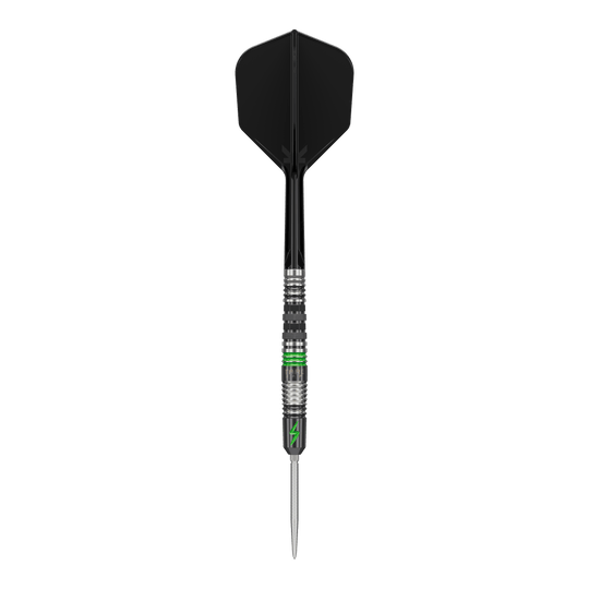 Stalowe lotki Target Japan Black Marque Lightning 3 SP Das Bild zeigt einen Target Japan Black Marque Lightning 3 SP Steeldart. Der Dartpfeil hat ein schwarzes Flight und Details in Silber und Grün am Schaft.