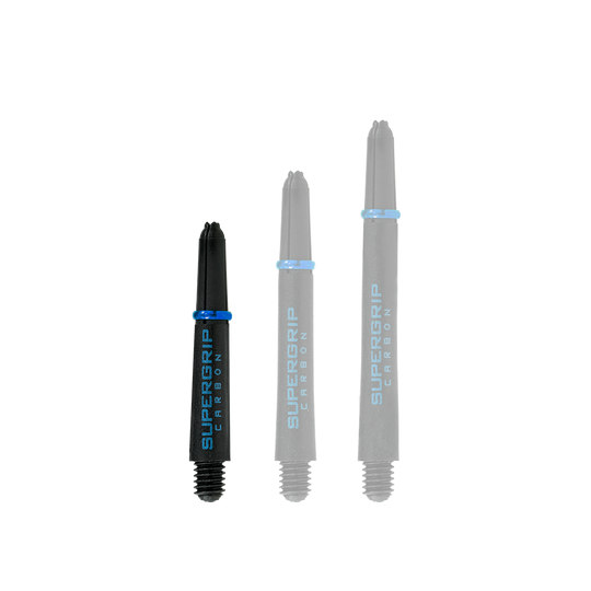 Das Bild zeigt drei Harrows Supergrip Carbon Shafts in der Farbe Aqua. Sie sind unterschiedlich lang und haben ein schwarzes Design mit blauen Akzenten.