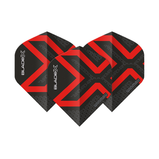 Dies ist ein Winmau Prism Delta Blade X Metallic Red No2 Standard Flight. Das abgebildete Produkt ist in roter Farbe gehalten.