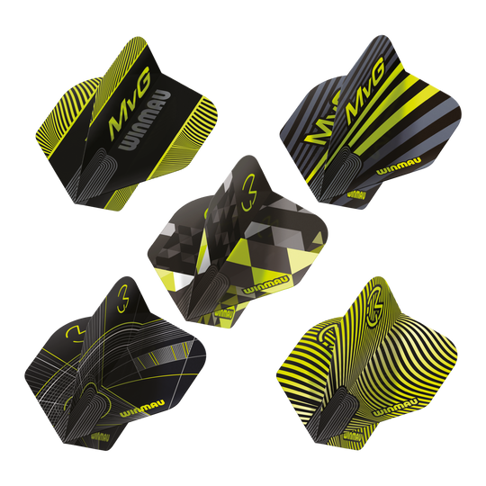 Kolekcja standardowych lotów Winmau Michaela Van Gerwena Prism nr 2 Das Bild präsentiert die Winmau Michael Van Gerwen Prism No2 Standard Flight Collection. Es handelt sich um eine Auswahl an Dart Flights.