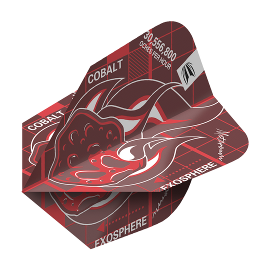 Das Bild zeigt das Produkt "Target Blueprint Pro Red Ten-X Flights". Es ist ein rot-schwarz gemustertes Dartflight mit grafischen Elementen und dem Schriftzug "COBALT" und "EXOSPHERE".