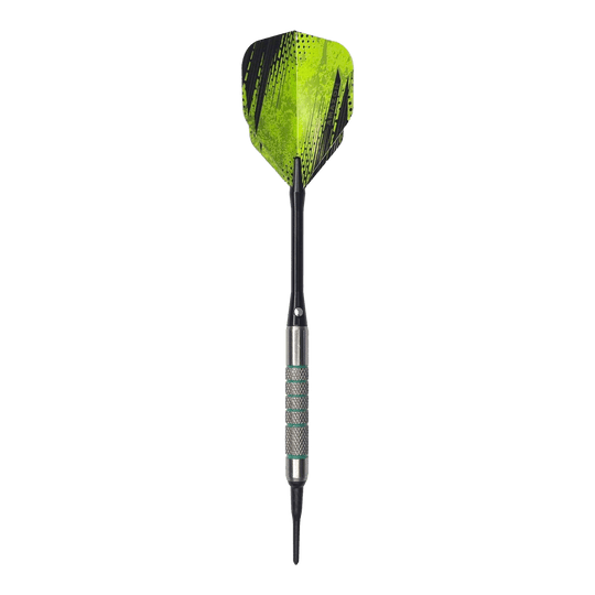 Lotki miękkie McDart 85 Tungsten V7 - 16,5 g Der abgebildete Dart ist der „McDart 85er Tungsten V7 Softdart“ mit einem Gewicht von 16,5 Gramm. Er hat ein auffälliges grünes Flight-Design und einen griffigen, silberfarbenen Barrel.