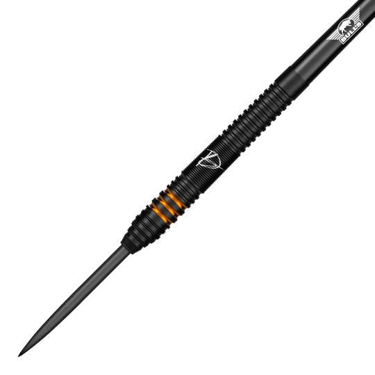 Bulls NL Dirk Van Duijvenbode Edition 2 stalowe rzutki Dies ist der Bulls NL Dirk Van Duijvenbode Edition 2 Steeldart. Der Dart ist überwiegend schwarz mit auffälligen orangefarbenen Ringen im Griffbereich.