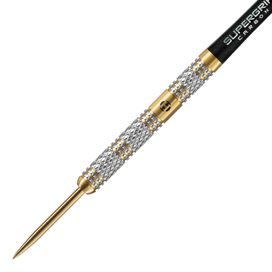 Harrows Anniversary Edition Magnum Steeldarts Das Bild zeigt einen Harrows Anniversary Edition Magnum Steeldart. Der Dartpfeil hat ein silber-goldenes Design mit einer schwarzen Spitze am hinteren Teil.
