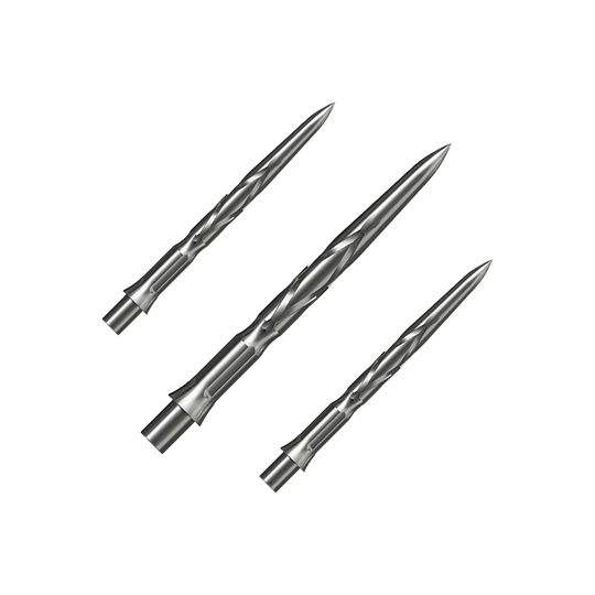 Stalowe groty do lotek Caliburn System - HAN G2 - Srebrne Auf dem Bild sind drei silberne Steeldartspitzen zu sehen. Sie haben eine spitz zulaufende Form mit eingeritztem Muster.