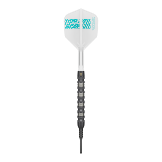 Lotki miękkie Target Rob Cross 95K Swiss Point – 18 g Der Target Rob Cross 95K Swiss Point Softdart wiegt 18 Gramm und hat ein auffälliges, strukturiertes Barrel. Die Flight ist weiß mit türkisfarbenem Muster und der Aufschrift "VOLTAGE".