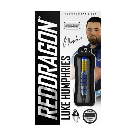 Auf dem Bild ist die Verpackung der "Red Dragon Luke Humphries Softdarts - 20g" zu sehen. Die Darts bestehen aus 90% Tungsten und wurden vom Spieler Luke Humphries designt.