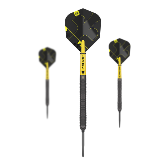 Stalowe lotki Target Bolide Void 04 Swiss Point Das Bild zeigt drei Steeldarts des Modells "Target Bolide Void 04 Swiss Point". Die Darts sind schwarz-gelb und haben ein modernes, markantes Design.