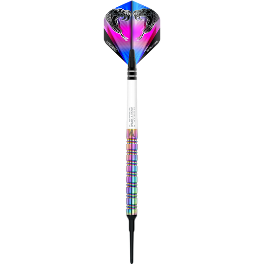 Dies ist ein bunter Softdart mit einem auffälligen Regenbogen-Design am Griff. Auf den Flights sind zwei Schlangen abgebildet und das Gewicht beträgt 18 Gramm.