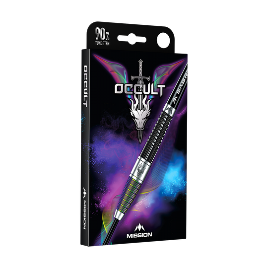 Die Abbildung zeigt die Verpackung der "Mission Occult Steeldarts - 23g". Auf der Vorderseite sind ein Dartpfeil, ein Drachenkopf mit Schwert und bunte Rauchwolken zu sehen.