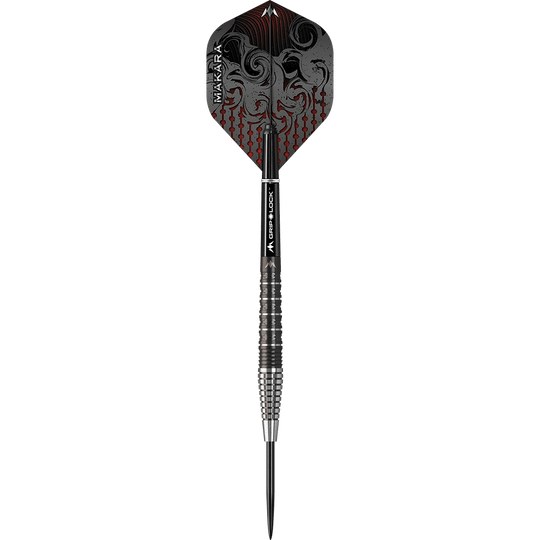 Das Bild zeigt einen Mission Makara M2 Steeldart mit einem Gewicht von 23 Gramm. Der Dart hat ein auffälliges Design mit schwarzen und roten Verzierungen auf dem Flight.