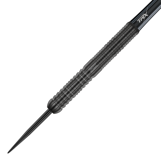 Das Bild zeigt einen Red Dragon Seren 1 Onyx Steeldart. Der Dart ist schwarz mit einer strukturierten Griffoberfläche für besseren Halt.