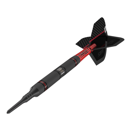 Targetownik 10 miękkich rzutek Das Bild zeigt einen modernen Softdart mit dem Namen "Target Scope 10 Softdarts". Der Dart ist schwarz und rot gestaltet und hat eine auffällige, strukturierte Oberfläche sowie eine schwarze Flight.