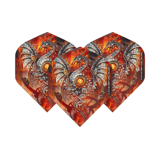 Das Bild zeigt drei Dart-Flights mit einem mechanischen Drachenmotiv in leuchtenden Orange- und Silbertönen. Die Flights sind das Produkt "Alchemy Tech Dragon No2 Standard Flights".