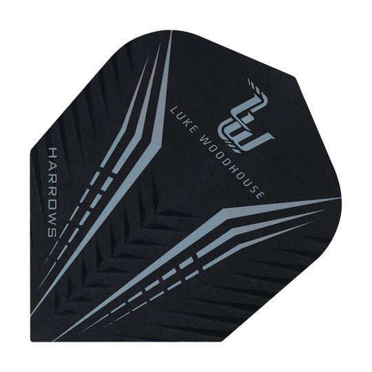 Das Bild zeigt einen Harrows Prime Luke Woodhouse Standard Flight. Das Design ist schwarz mit silbernen Linien und dem Namen "Luke Woodhouse" darauf.