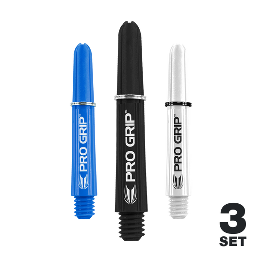 Auf dem Bild sind drei Dartshafts in den Farben Blau, Schwarz und Weiß zu sehen. Sie tragen den Aufdruck "PRO GRIP" und sind als 3er-Set abgebildet.