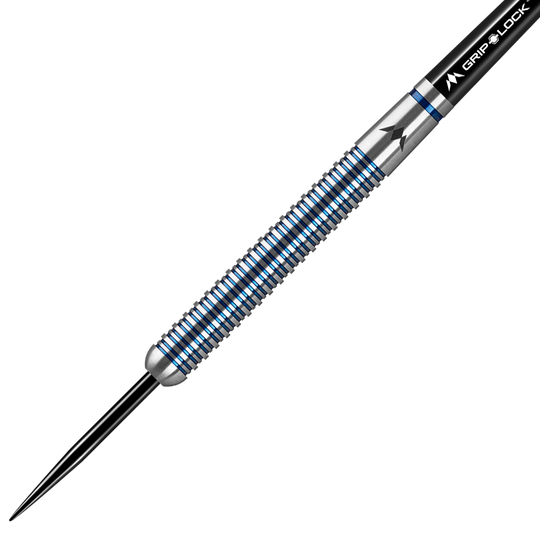 Das Bild zeigt einen silbernen Dartpfeil mit blauen und schwarzen Rillen. Am oberen Teil steht "GRIP-LOCK" auf einem schwarzen Hintergrund.