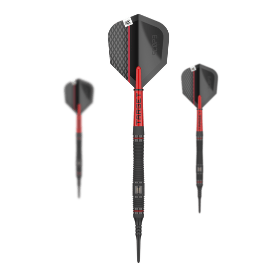 Targetownik 11 miękkich rzutek Das Bild zeigt drei Softdarts des Produkts „Target Scope 11“. Die Darts haben ein schwarzes und rotes Design mit strukturierten Flights.