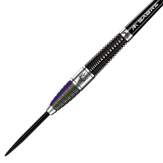 Das Bild zeigt einen Mission Occult Steeldart mit einem Gewicht von 23 Gramm. Der Dartpfeil hat ein elegantes Design mit metallischen und farbigen Rillen.