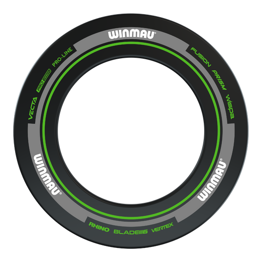 Dies ist ein Winmau Advance Dartboard Surround in Schwarz und Grün. Der Surround schützt die Wand rund um die Dartscheibe vor abprallenden Pfeilen.