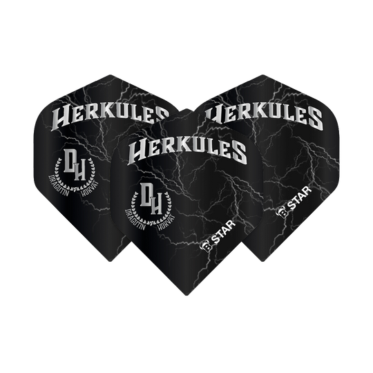 BL51843_Bulls_B-Star_Dragutin_Horvat_No2_Standard_Flights_1I3Zw9LYfF49bA Das Bild zeigt drei schwarze Dartflights mit dem weißen Schriftzug "HERKULES" und einem Blitzmuster. Darunter stehen die Initialen "DH" sowie die Namen "Dragutin Horvat" und der Markenname "B-Star".