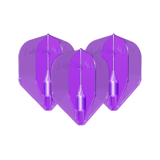 Lotki w stylu L Fantom L3EZ w kolorze fioletowym Das Bild zeigt drei violette L-Style Fantom L3EZ Flights für Darts. Sie sind nebeneinander angeordnet und haben eine glänzende, transparente Oberfläche.