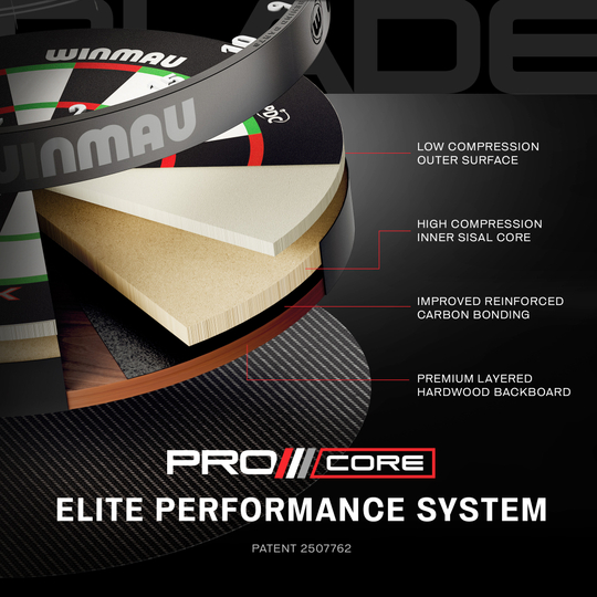 Stalowa tarcza do darta Winmau Blade X ProCore Das Bild zeigt einen weiteren Blick auf das Winmau Blade X ProCore Steeldartboard. Die Aufnahme fokussiert auf die Oberfläche und das Segment-Design.