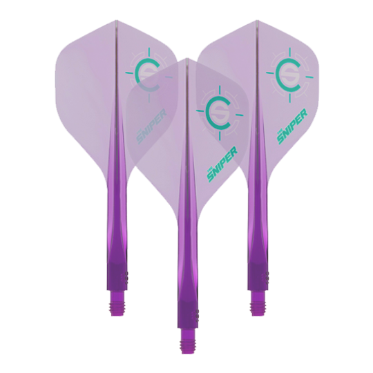Das Bild zeigt drei lilafarbene Dart-Flights des Modells „Condor Axe 120 Connor Scutt Sniper Clear Purple“. Auf den Flights ist ein grünes Ziel-Logo sowie das Wort „Sniper“ zu sehen.