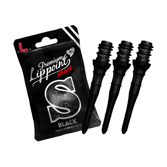 Das Bild zeigt eine Packung „L-Style Premium Lippoints Short“ in Schwarz. Neben der Packung sind drei kurze, schwarze Dartspitzen abgebildet.