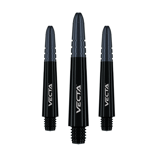 Wały Winmau Vecta - czarne Auf dem Bild sind drei schwarze Dart-Schäfte mit der Aufschrift "Vecta" zu sehen. Sie sind unterschiedlich groß und haben ein modernes, glänzendes Design.