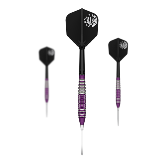 Das Bild zeigt drei Steeldarts der Marke "Target Japan Prime Series Tung Suk Zenith GEN1 Swiss Point" mit einem Gewicht von 23g. Die Darts haben silberne und lila Akzente sowie schwarze Flights mit weißem Logo.