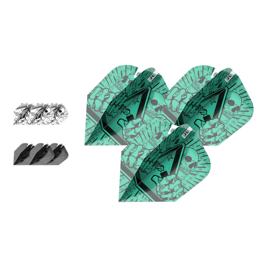 Target Ink Bundle 3 zestawy Rob Cross Ten-X Flights Das Bild zeigt das Produkt „Target Ink Bundle 3 Sets Rob Cross Ten-X Flights“. Es sind drei verschiedene Dart-Flights mit auffälligen Mustern zu sehen, darunter ein grünes Design mit Totenkopf.