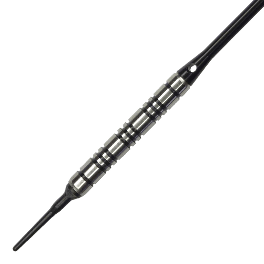 Lotki miękkie McDart 85 Tungsten V2 - 17g Das Bild zeigt einen McDart 85er Tungsten V2 Softdart mit einem Gewicht von 17g. Der Dart besteht aus silbernem Metall mit schwarzen Rillen und besitzt eine schwarze Kunststoffspitze.