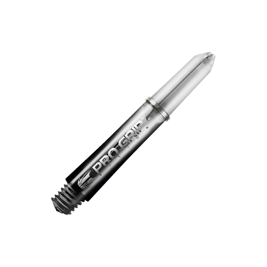 Target Pro Grip Vision Shafts - 3 zestawy - czarne Das Bild zeigt einen schwarzen Pro Grip Vision Shafts von Target mit einer Länge von 34 mm. Der Schaft hat ein glänzendes Finish und ist mit einem Schraubgewinde ausgestattet.