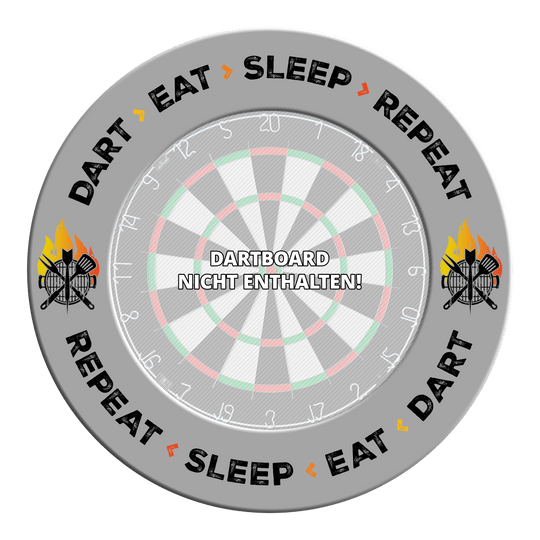 Grau gefärbtes Dartboard-Surround mit dem Text 'Dart Eat Sleep Repeat'. Das Bild präsentiert eine Detailansicht des Produkts.