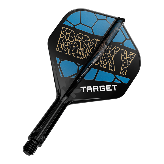 Auf dem Bild ist ein Dart-Flight-System mit der Aufschrift „ROCKY“ in gelber Schrift zu sehen. Das Design ist schwarz und blau und darunter steht das Wort „TARGET“.