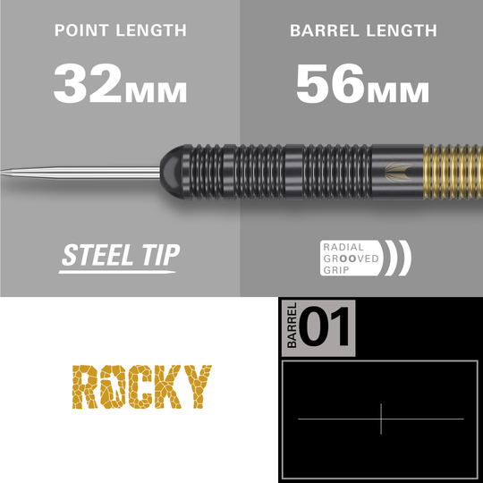 Lotki Target Josh Rock Brass Steel Darts - 22g Das Bild zeigt den Target Josh Rock Brass Steeldart mit einer Stahlspitze. Die Spitzenlänge beträgt 32 mm und die Barrel-Länge 56 mm, mit radial gerilltem Griff.