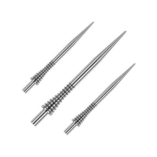 Groty do rzutek Red Dragon Raptor Gripped Silver ze stali 38 mm Das Bild zeigt drei silberne Steeldartspitzen mit geriffeltem Griffdesign. Es handelt sich um das Produkt "Red Dragon Raptor Gripped Silver Steeldartspitzen 38mm".