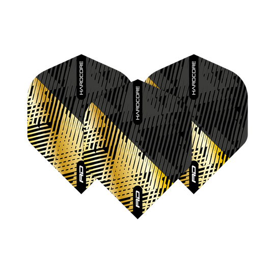 TF6832_Red_Dragon_Hardcore_Premium_Gold_Black_Fleck_Standard_Flights_1ppt7TGUzJTpOO Das Bild zeigt die Red Dragon Hardcore Premium Gold Black Fleck Standard Flights. Die Flights haben ein modernes Design in Schwarz und Gold mit auffälligen Linienmustern.