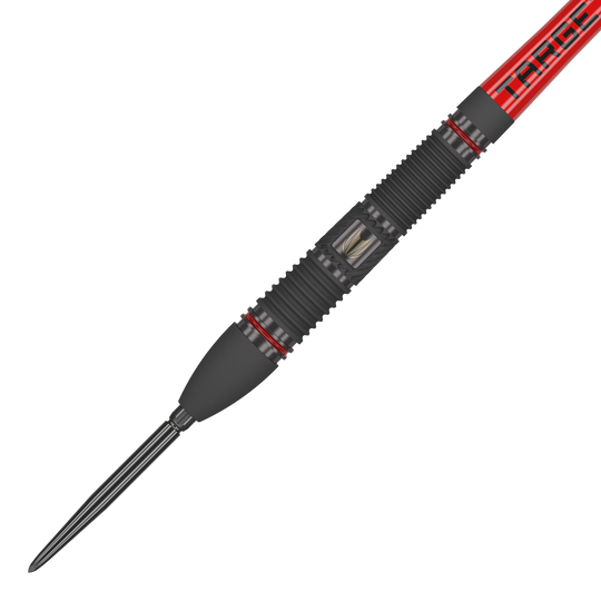 Stalowe lotki Target Scope 02 Swiss Point Das Bild zeigt einen Target Scope 02 Swiss Point Steeldart mit einem schwarzen und roten Design. Der Dartpfeil hat eine gerillte Griffzone und eine scharfe Metallspitze.
