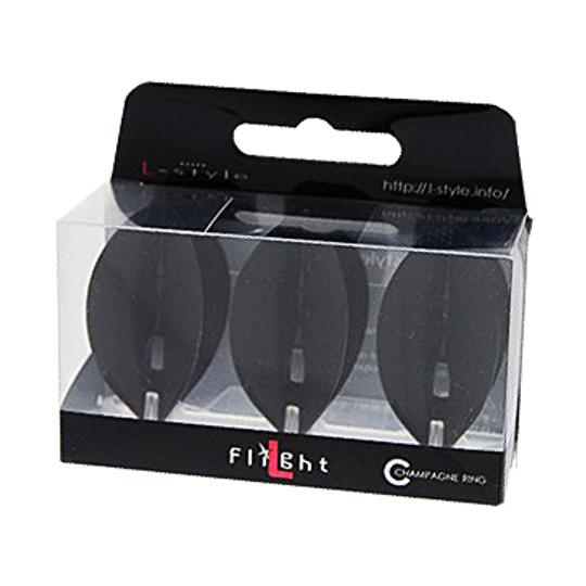 Lotki L-Style Champagne L2PRO Teardrop – czarne Das Bild zeigt eine Packung mit L-Style Champagne L2PRO Teardrop Flights in Schwarz. Die Verpackung enthält drei schwarze Dartflights, die sichtbar durch das Klarsichtfenster sind.