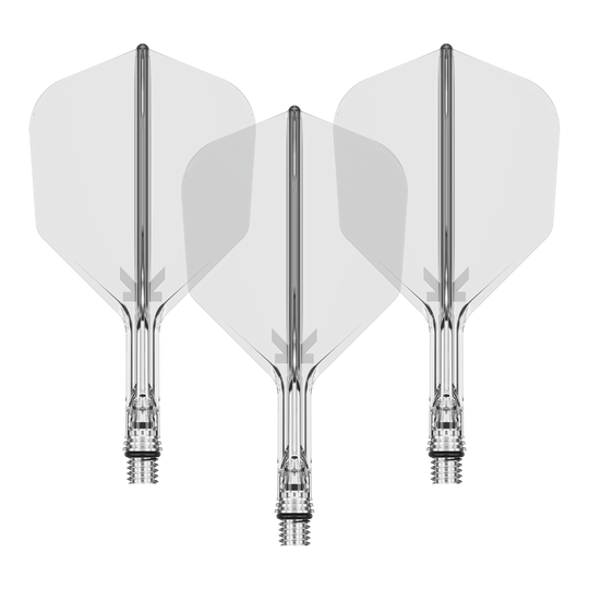 Ein Set von Target KShift No6 Dart-Flights in klarer, durchsichtiger Optik, 19 mm lang. Die Abbildung zeigt mehrere Flights als Set.