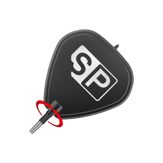 Końcówki do darta Target Swiss Point DX - czarne Das Bild zeigt eine schwarze Dartspitze mit der Aufschrift "SP" darauf. Ein roter Pfeil deutet auf eine Drehbewegung an der Schraubstelle hin.