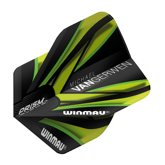 Das Bild zeigt einen Dart-Flügel der Marke Winmau in Schwarz und Grün mit den Worten "PRISM", "WINMAU" und "MICHAEL VAN GERWEN" darauf. Das Design ist modern und auffällig mit grünen und gelben Akzenten.