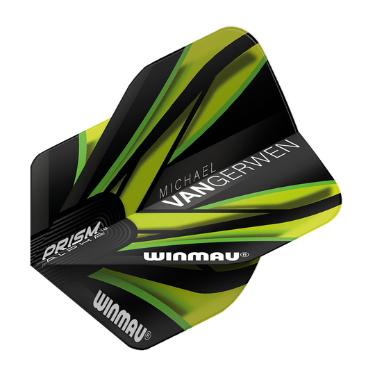 6915-145_Winmau_Prism_Alpha_MvG_Black_Green_V2_Standard_Flights_2 Das Bild zeigt einen Dart-Flügel der Marke Winmau in Schwarz und Grün mit den Worten "PRISM", "WINMAU" und "MICHAEL VAN GERWEN" darauf. Das Design ist modern und auffällig mit grünen und gelben Akzenten.