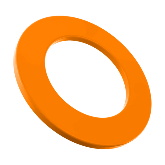 Das Bild zeigt einen orangefarbenen Ring aus Kunststoff. Er ist glatt und hat eine runde, gleichmäßige Form.