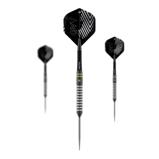 Stalowe rzutki Winmau Gian Van Veen TS Switch Point Zu sehen sind Winmau Gian Van Veen TS Switch Point Steeldarts als Set. Das Bild zeigt mehrere Darts nebeneinander.